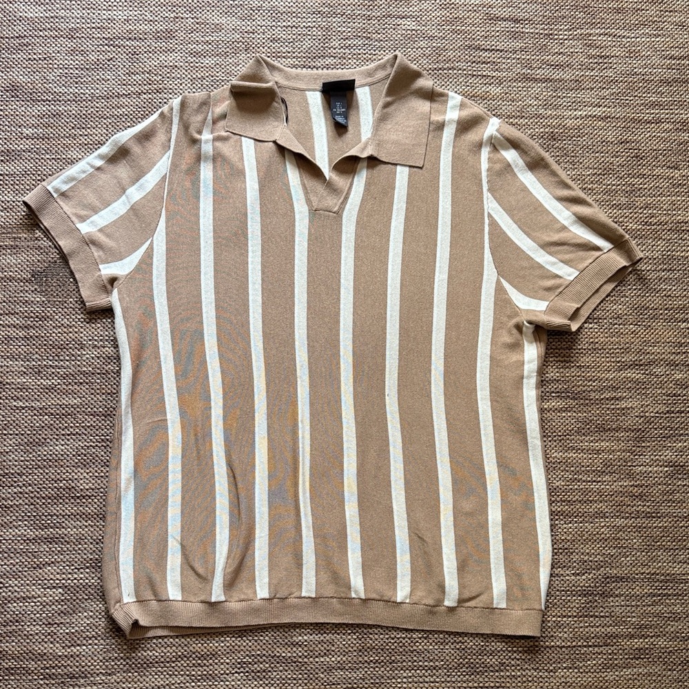 H&M Beige and White Striped Polo Shirt